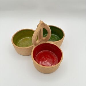 Vtg Bohemian‎ Clay Studio Divided Condiment Dish Serving Bowl Handmade Pottery